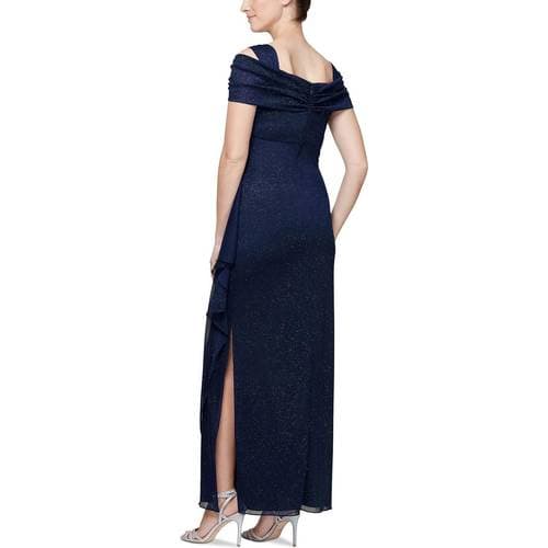 Alex Evenings Cold-Shoulder Draped Metallic Gown - Navy Blue