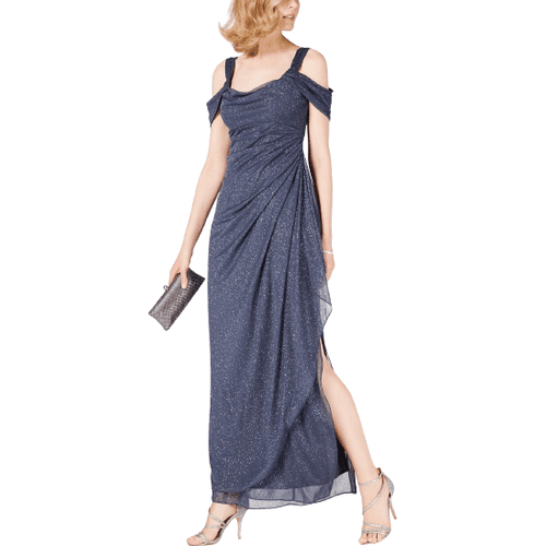 Alex Evenings Cold-Shoulder Draped Metallic Gown - Smoke