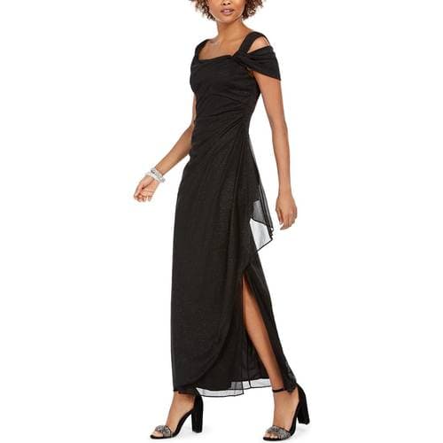 Alex Evenings Cold-Shoulder Draped Metallic Gown - Black